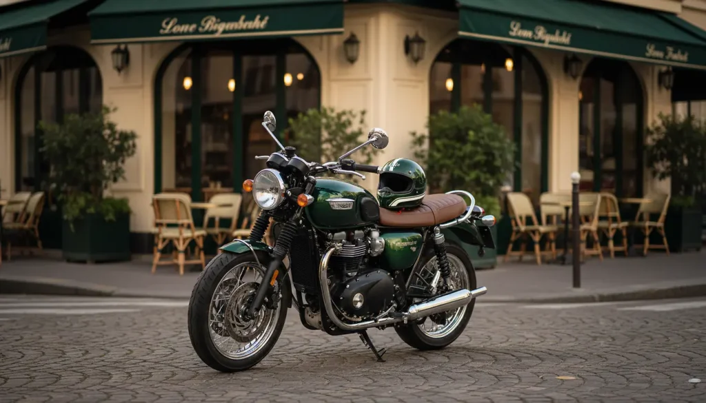 Moto Triumph Bonneville T120 verte stationnée devant un café parisien