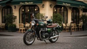 Moto Triumph Bonneville T120 verte stationnée devant un café parisien