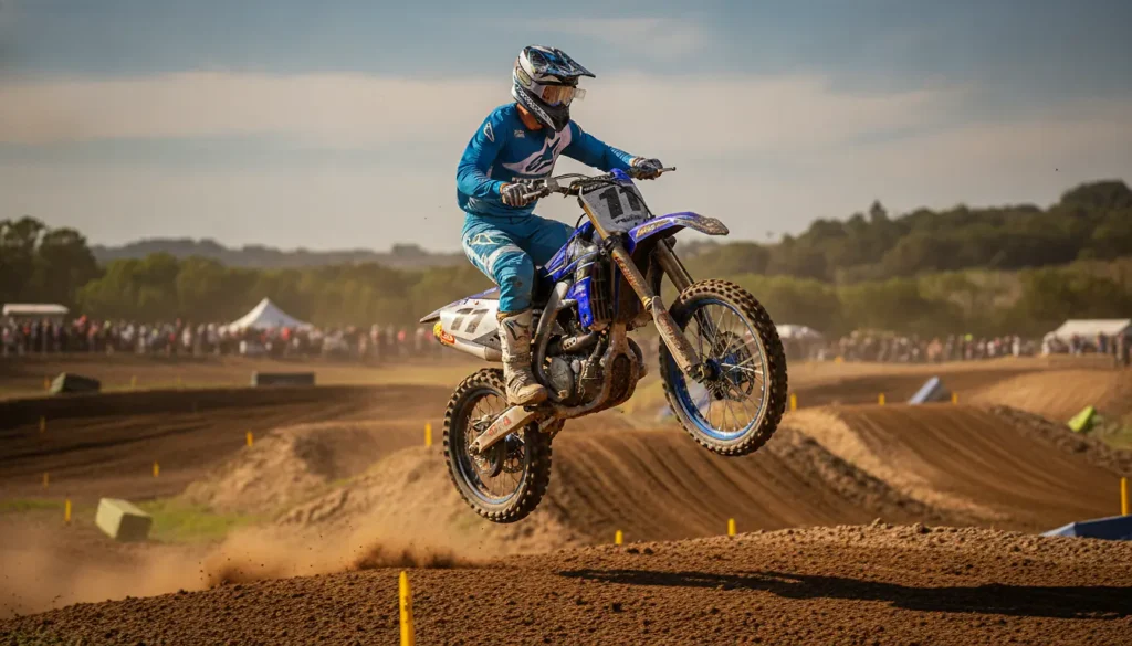 Yamaha YZ 125 bleue en plein saut sur circuit motocross, pilote en tenue complète, lumière naturelle