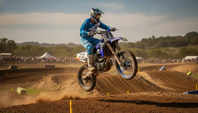 Yamaha YZ 125 bleue en plein saut sur circuit motocross, pilote en tenue complète, lumière naturelle