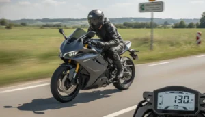 Moto électrique sportive 125 A1 sur route nationale française, tableau de bord digital, photographie réaliste lumière naturelle