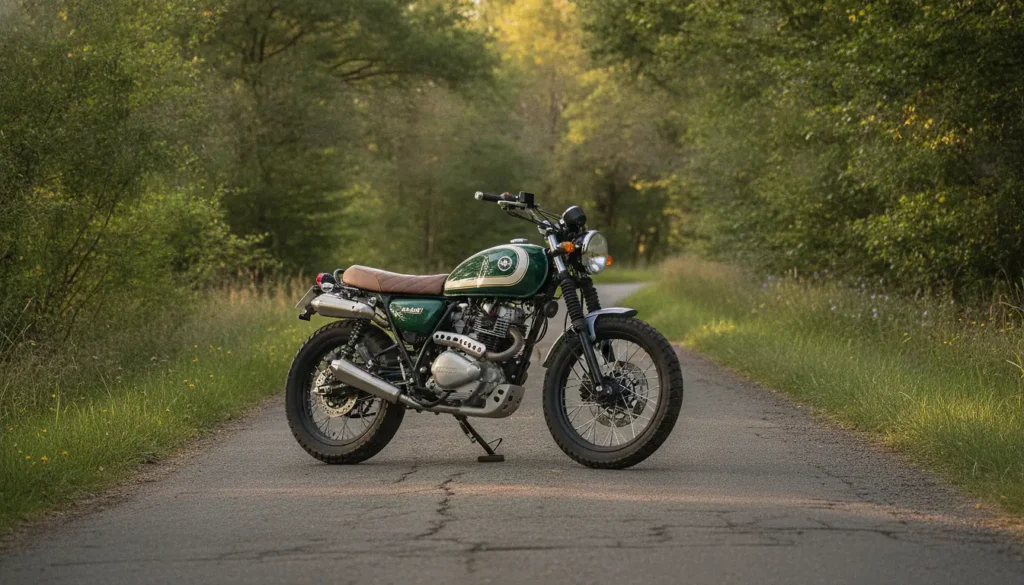 Moto Mash 125 scrambler sur route de campagne française, style rétro, lumière dorée fin d'après-midi, photographie réaliste