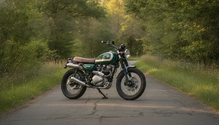 Moto Mash 125 scrambler sur route de campagne française, style rétro, lumière dorée fin d'après-midi, photographie réaliste