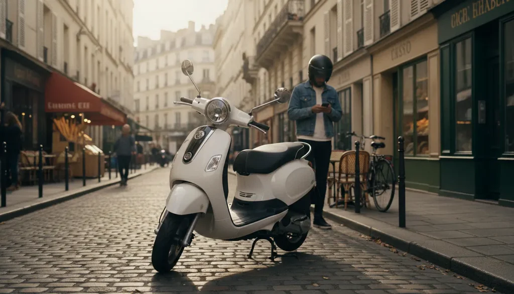 Scooter 50cc en circulation en ville, conducteur casque