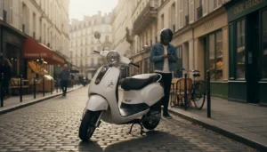 Scooter 50cc en circulation en ville, conducteur casque