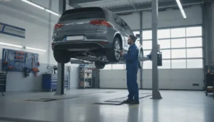 Centre de contrôle technique agréé avec voiture sur pont de levage, technicien en inspection