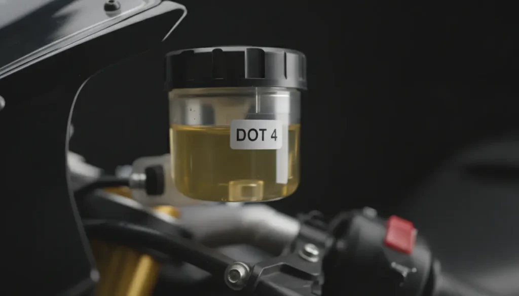 Réservoir de liquide de frein transparent sur une moto, fluide DOT 4 jaune clair visible, éclairage studio