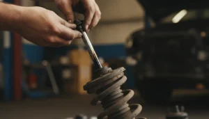 Amortisseur de voiture démonté avec trace de fuite d'huile, gros plan en atelier mécanique