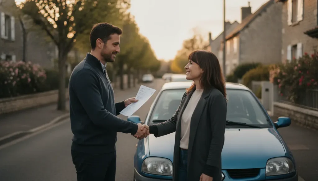 Vendeur et acheteur se serrant la main devant une voiture d'occasion après signature de l'acte de vente