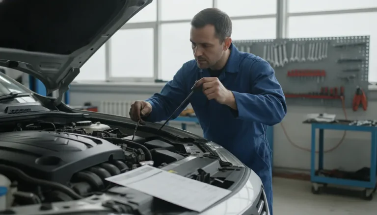 Mécanicien vérifiant la révision d'une voiture sur pont élévateur en atelier