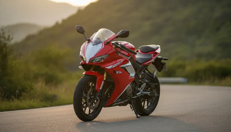 Moto sportive 125cc carénée rouge et blanc sur route de montagne, lumière dorée, vue trois quarts avant, photographie réaliste