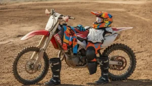 Équipement moto cross complet : casque MX, lunettes, jersey, bottes et genouillères posés sur une moto cross sur piste de terre