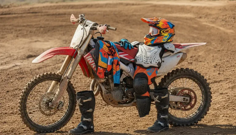 Équipement moto cross complet&nbsp;: casque MX, lunettes, jersey, bottes et genouillères posés sur une moto cross sur piste de terre