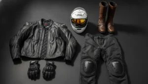 Équipement moto complet : casque intégral blanc, veste CE noire, gants homologués, bottes marron et pantalon textile avec renforts, posés sur surface sombre