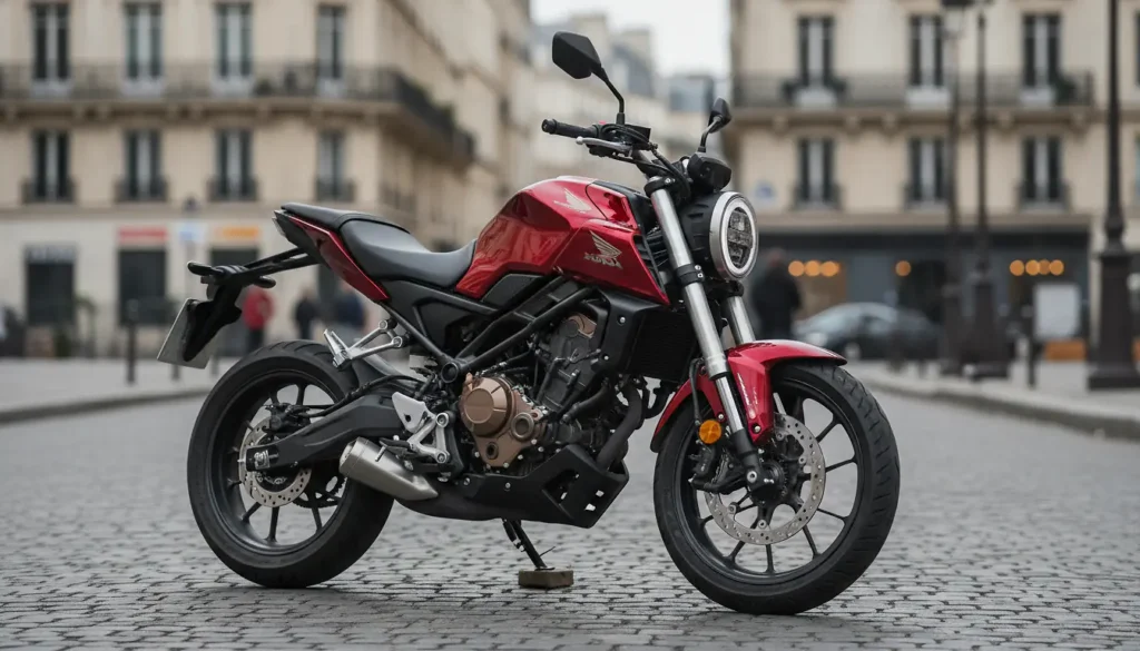 Moto 125 roadster rouge garée dans une rue urbaine française, photographie réaliste, lumière naturelle