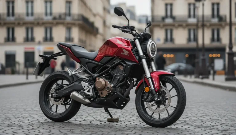 Moto 125 roadster rouge garée dans une rue urbaine française, photographie réaliste, lumière naturelle