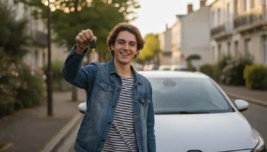 Jeune conducteur souriant tenant ses clés de voiture devant une citadine garée en ville