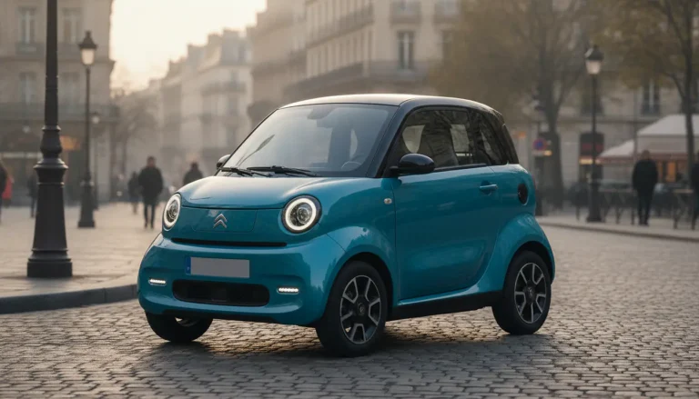 Voiture sans permis électrique compacte garée dans une rue de centre-ville