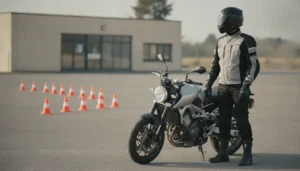Élève motard en casque intégral, gants, blouson, pantalon et bottes moto à côté d'une moto sur un plateau d'auto-école