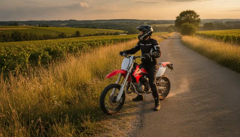 Jeune pilote casqué sur une moto 50cc supermotard au bord d'une route de campagne